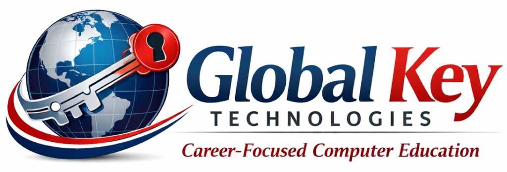 Global Key Technologies logo featuring a globe with a key symbol, representing career-focused computer education and global key technologies
